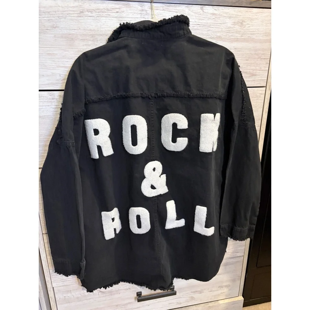 Veveret Rock & Roll Oversized Distressed Denim Shirt Jacket Black Medium - Picture 5 of 5